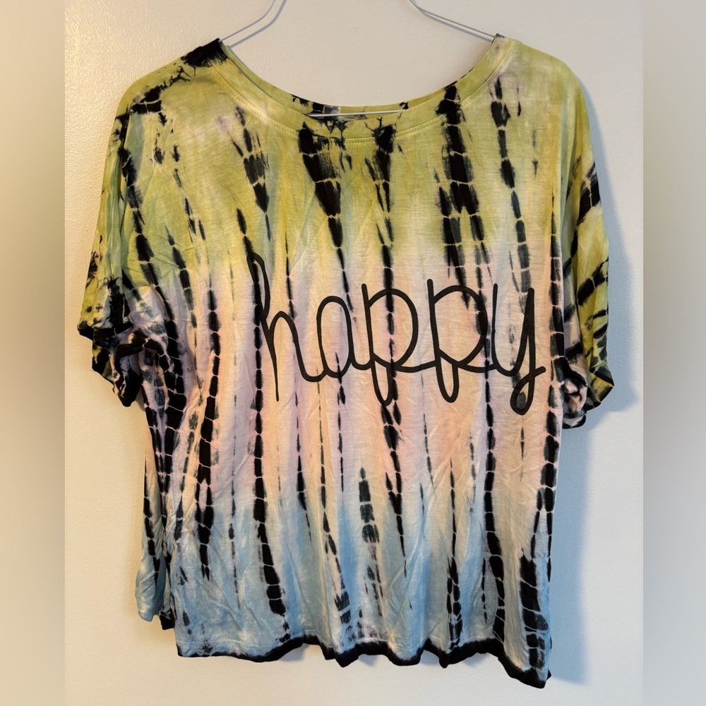 Dreamside Happy Tye-die Lightweight Loose Baggy T-shirt Green Pink Blue Black L